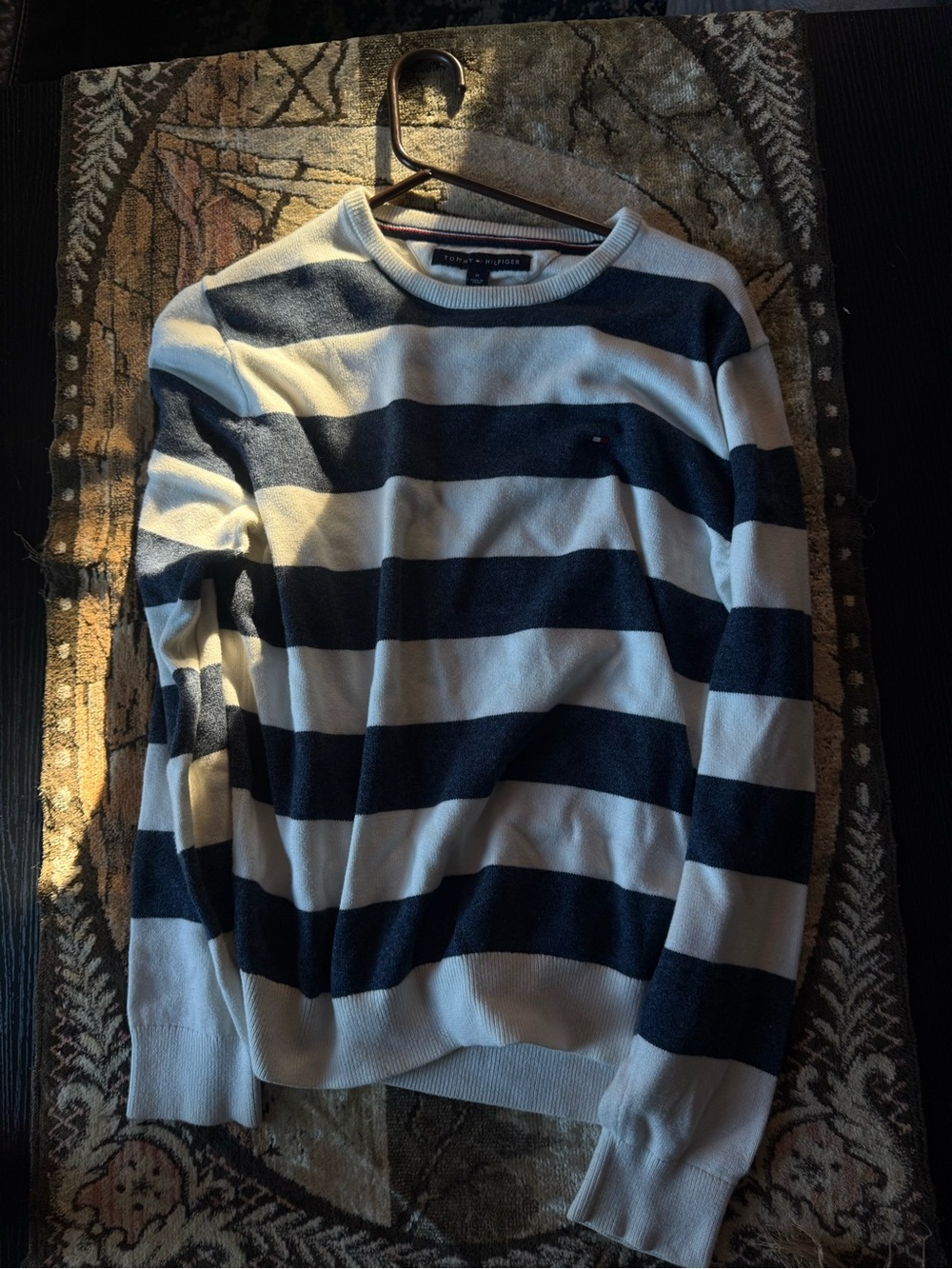 Tommy Hilfiger Navy and White Striped Crewneck Sweater